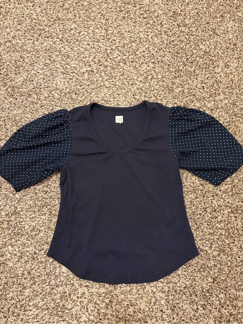 Navy Puff-Sleeve Polka Dot Short Sleeve Top